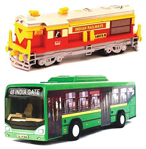 Online Collections Compatible 2 Combo Diesel Locomotive Engine Train Indian Railway and Bus Toys Color May Vary (Multi Color)