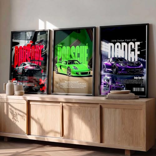 Image of HOTHOUSE Big Porsche 911 GT3, Porsche Carrera GT, Dodge Viper Cars Framed Posters Gift Items for Boys Room Wall Decoration Bedroom Living Room Office Studio Decor | Set Of 3 Size (13 X 17 inch)