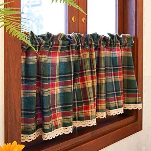GUAWJRZDP Kurze scheibengardine mit weihnachtskaro,Blickdicht bistrogardine Vintage,halber Vorhang for kleine Fenster,Polyester-Baumwolle,80% verdunkelung,spitzenspitze,durchgehende Stange,eine stück Cover