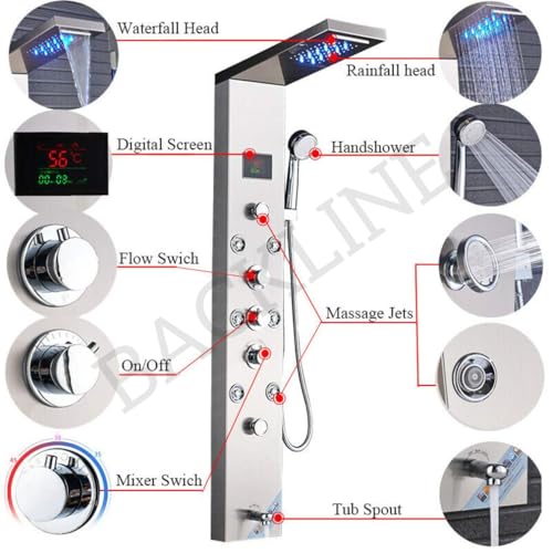Image of Backline 7-in-1 Multifunction Thermostatic Shower Panels | SS 304 Grade with LED Rainfall, 8 Body Jets Rotatble, Hand Shower, Water Spout, Hot & Cold Mixer | Shower Panel For Bathroom (Brushed Matt)