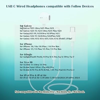 USB C Headphones for iPhone 15 16, Wired Earbuds Type C with Mic & Volume Control, In-Ear Earphones Wired USBC Ear Buds Compatible with iPhone 16/15 Pro/Pad/S25 S24 S23 S22/Pixel 7 8 9 Corded Headsets