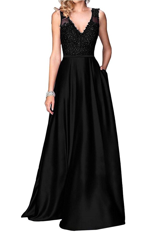 Women's Long A Line Satin Prom Dresses 2019 V Neck Evening Formal Gown