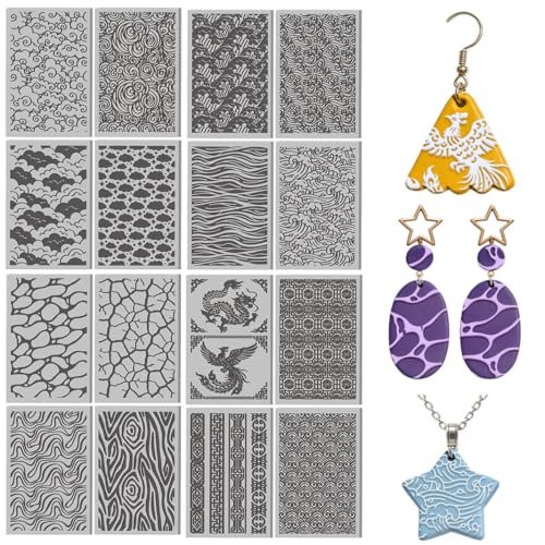 Image of 16 Pcs Ocean Waves Pattern Polymer Clay Texture Sheet Natural Clouds Patterns Rubber Clay Texture Mat for Polymer Clays Making Earrings Jewelry DIY Crafts, 4 x 2.5 Inch