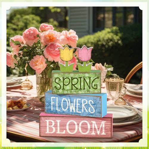 Image of Moucuny 4 Pcs Spring Table Decor Wooden Tulip Spring Tiered Tray Decor Flowers Table Centerpiece Decorative Colorful Tulip Block Signs Gift Farmhouse Flowers Decoration for Home Kitchen Shelf