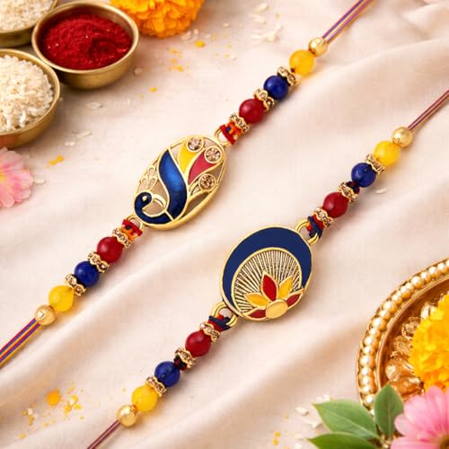 Image of Riddhika Ventures Stylish Kundan and AD Ring Rakhi (Set of 2) with Roli Chawal and Greeting Card || Raksha Bandhan Traditional Festive Gift Pack For Bhaiya Bhabhi