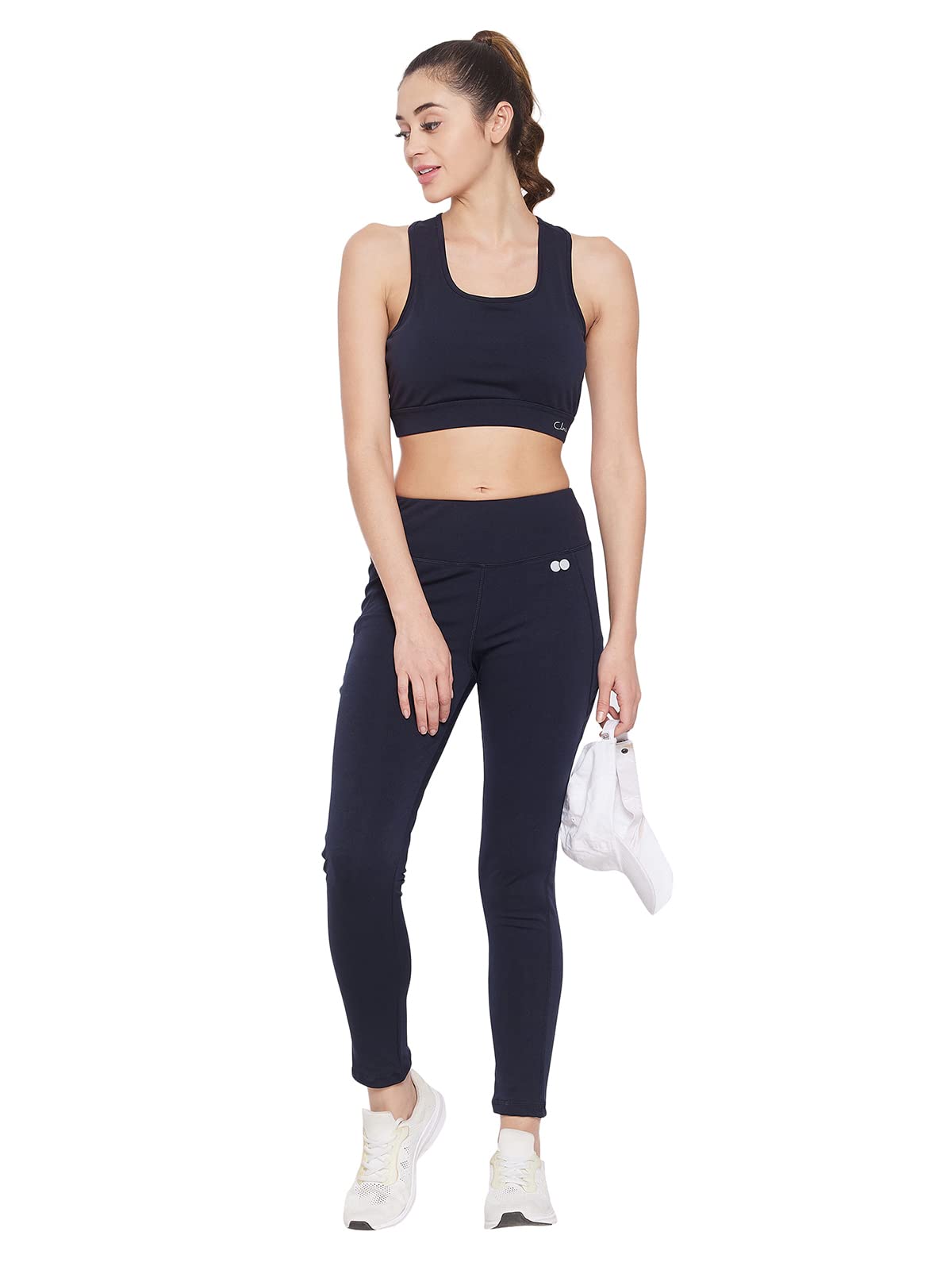 Women's Snug Fit Active Tights in Navy with Reflective Logo in Blue