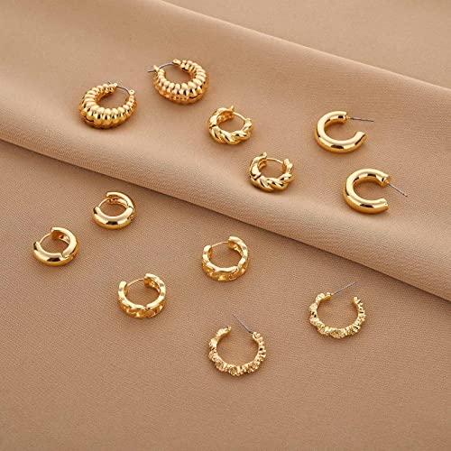 Image of Wgoud 6 Pairs Chunky Gold Hoop Earrings for Women, 14K Gold Plated Hoop Earrings Hypoallergenic, Thick Lightweight Twisted Huggie Hoops Earring Set for Women's Jewelry GIfts