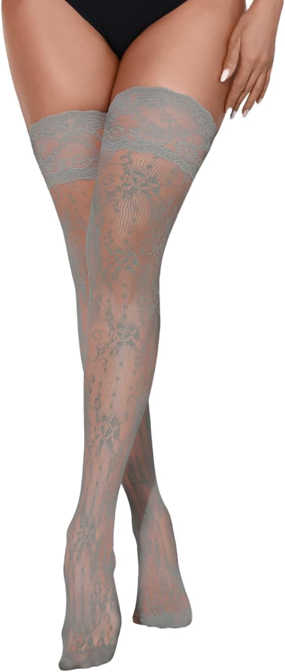ShawGobow Floral Lace Thigh Highs,Patterned Stockings For Women Sexy,Goth Fishnets Costume Concert Date Night Size 0-10
