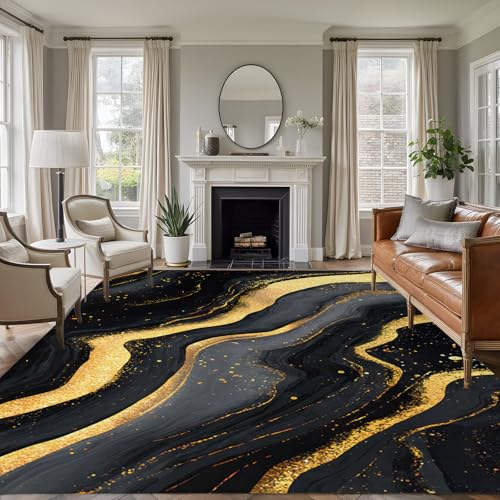 6x9ft Washable Area Rug,Fluffy Large Carpet Gold Black Marble Texture