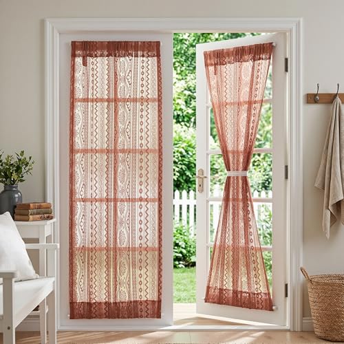 Image of MYSKY HOME Lace Boho French Door Curtains 72 inch Long 2 Panels Sheer Floral Curtains for Door Window Scalloped Doorway Sidelight Curtains Come with 2 Matching Tie-Backs, 26 inch W Each Panel, Terracotta