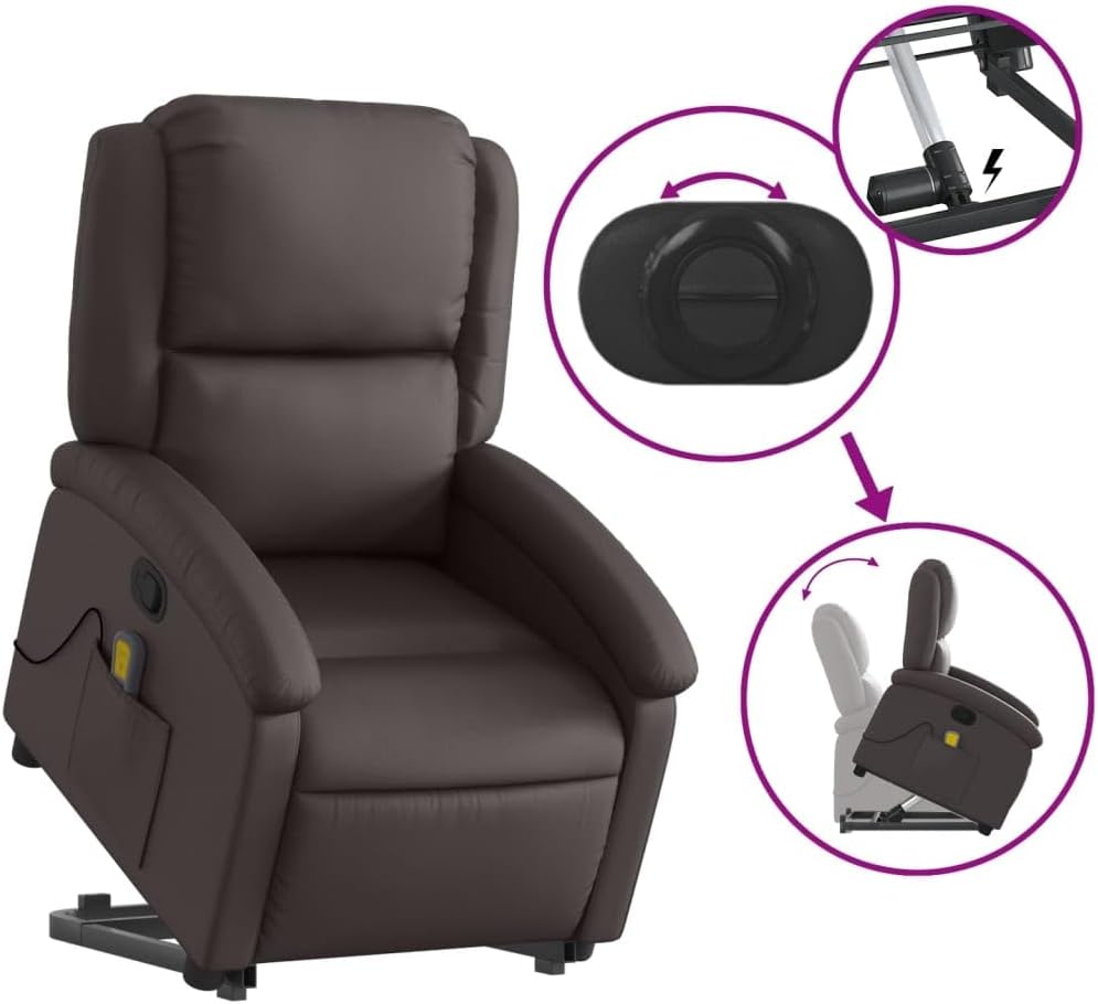 vidaXL Dark Brown Massage Recliner Chair - Real Leather, Manual/Power Lift, Vibration Massage, Durable Metal Frame for Living Room/Lounge, 3205941