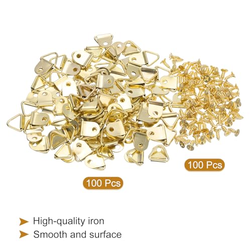 Image of uxcell 100Pcs Triangle Ring Iron Picture Hangers with Screws, Single Hole with Screw Small Decor Hooks for Hanging Picture Clock, Paintings Artwork Picture Frame Hook Photos Gold