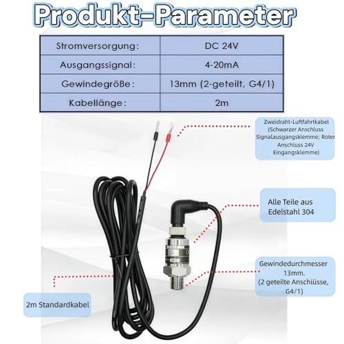Edelstahl Druckwandler, 0-16Bar / 1.6 Mpa Drucksensor Drucktransmitter Sensor Wasserdurchflusssensor 24V DC 4-20mA Ausgang G1/4 für Wasser Gas
