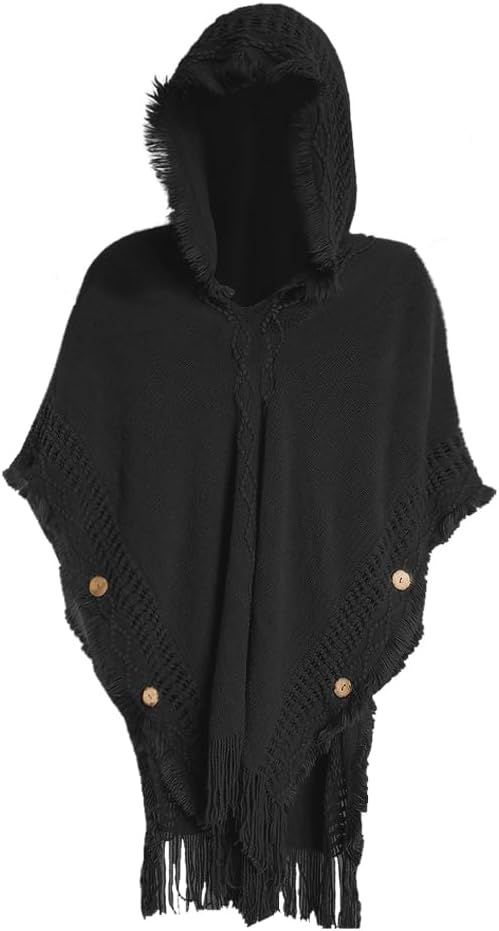 ITODA Women Cable Knit Poncho Sweater V Neck Crochet Hooded Cape Casual Warm Shawl Cape Pullover Sweater with Fringed Hem - Image 3