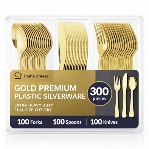 300 Pack Premium Heavy Duty Gold Plastic Silverware 100 Forks 100 Spoons 100 Knives For Parties Dinners and Weddings BPA-Free Disposable Plastic Cutlery Dinnerware Utensils Set