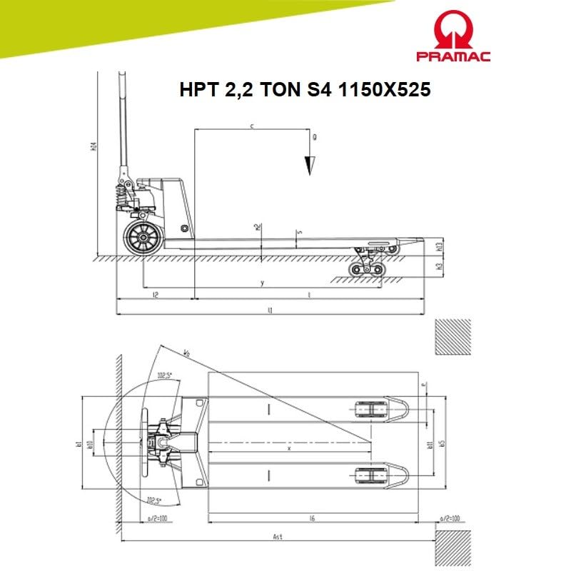 Transpallet manuale Doppio Rullo portata 2200kg (2,2 TON) forche 1150x525mm GS 22S4 marca LIFTER by Pramac