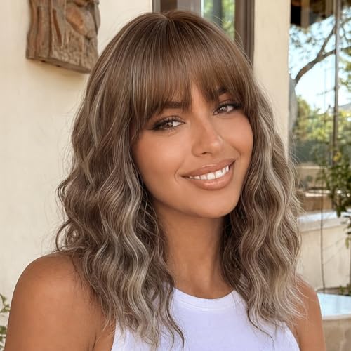 Image of Nnzes Brown Wigs for Women 16 Inch Synthetic Short Wavy Wig with Bangs