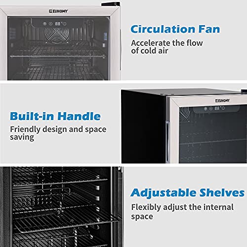Image of EUHOMY 90 Can Beverage Refrigerator cooler, Mini Fridge Glass Door for Beer Drinks Wines, Freestanding Beverage Fridge with Adjustable Shelves.