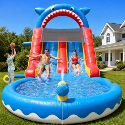 Inflatable Water Slide Commercial Grade: Water Bounce House for Adults and Teenagers - Big Pool, Premium PVC, Wet & Dry, Blower Included - for Backyard Outdoor Birthday Party, Shark Style
