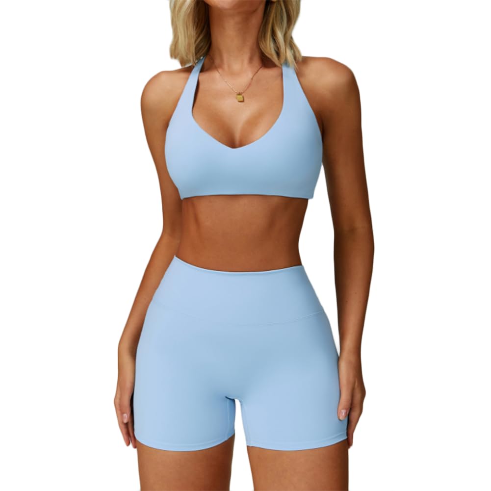 XYFfybhsd Women Workout Activewear Sportswear Yoga Gym Set Sports Halter Bra and High Waist Shorts 2 Pieces (Size:XL,Color:Blue)