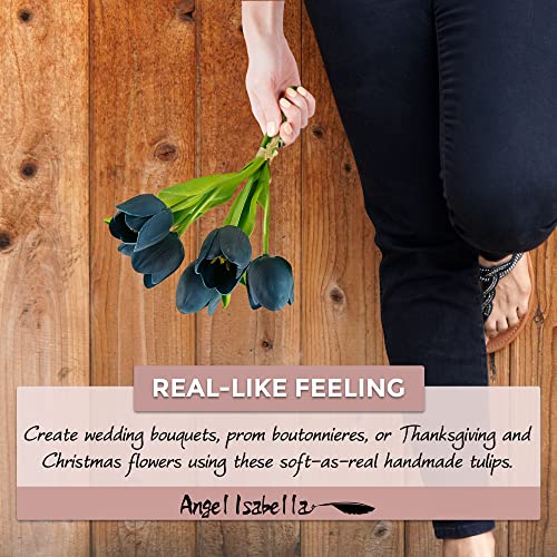 Angel Isabella Realistic Tulip Raffia Tied Flowers, Real Touch Artificial Flowers For Decoration, Beautiful Artificial Flowers Arrangements For Home, Wedding, Corsage, Boutonniere - 5 Stems, Dark Navy #TOP2