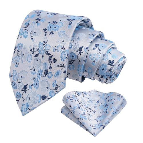 Alizeal Mens 3.15inches Chic and Refreshing Flower Patterned Tie with Floral Printed Pocket Square Light Blue