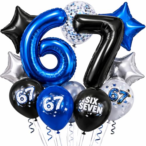 6 7 Balloons six seven Birthday Decorations 67 Meme Party Supplies Blue Black Silver Number Balloons with Star Balloons and 6 7 Printed Latex Balloons for Viral Birthday Party Decor