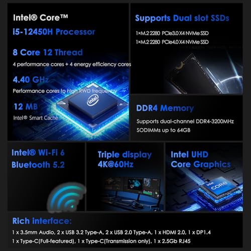 Image of Mini PC N7A 12th Gen Core i5-12450H up to 4.4GHz (8C /12T), 16GB DDR4 RAM 1TB NVMe SSD Computers, USB 3.2 /Type-C /WiFi 6 /BT5.2 /RJ45 2.5G /4K Triple Display Desktop PC