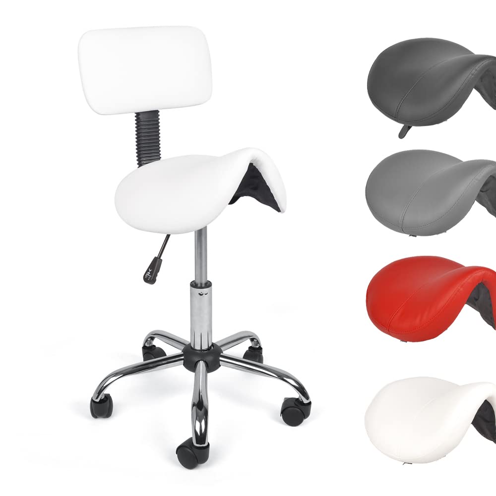 Mingone Saddle Stool, Ergonomic Work Stool, 360° Rotating Stool, Height-Adjustable Office Stool, Saddle Chair with Wheels and Backrest, White