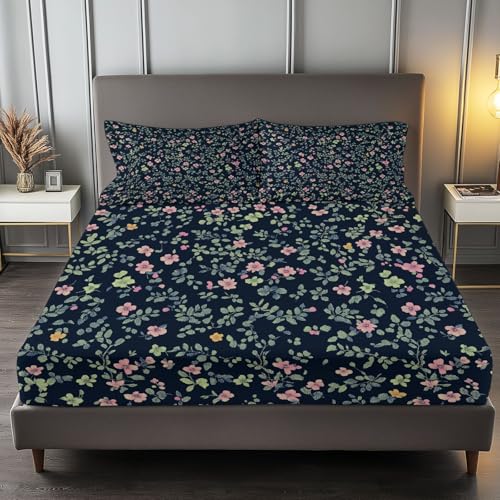 Fitted Sheet Twin Size Bedding Set for Kids Girls Women Men Room Decor, Soft Microfiber & Deep Pocket & Wrinkle Free Cartoon Small Flowers Bedding Sheets, Dark Blue
