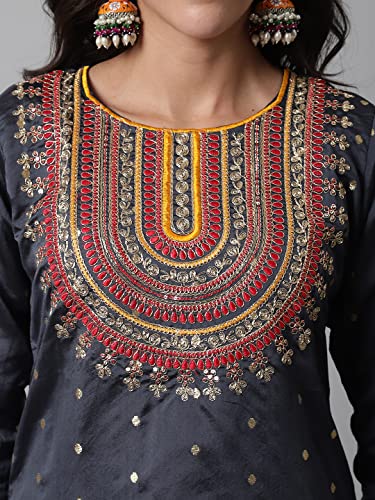 Image of VredeVogel Women's Silk Blend Embroidered Straight Kurta Trouser with Dupatta Set