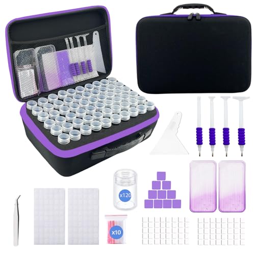 Image of SuSentak Diamond Art Storage Containers with Dot Drill Tools,120 Slots Bead Organizer Case for 5D DIY Art Kits, Portable Craft Box for Diamond Painting Accessories (Black)