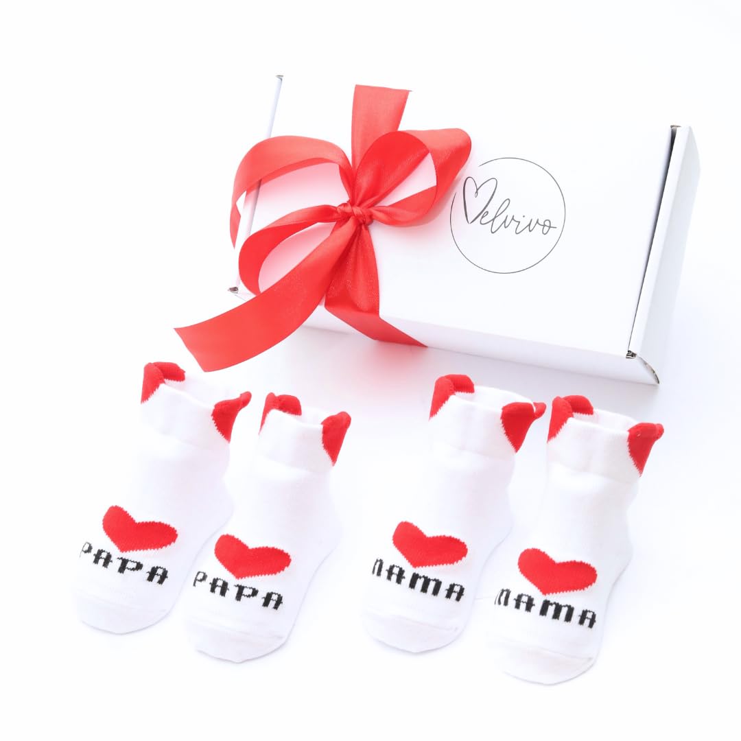 Set regalo di calzini per bambino bambina bambino 0-6 mesi 2 paia di calzini di cotone con adorabili motivi di cuori amo mamma/amo papà