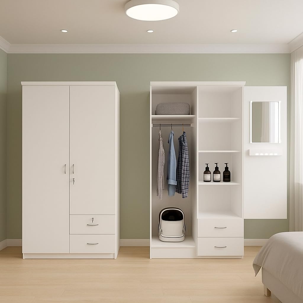 Karnak 2 Door Wooden Wardrobe, Solid Wood Wardrobe With Lockable Drawers Perfect Modern Stylish Heavy Duty Color (White)