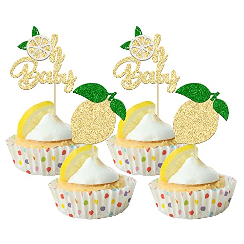 24Pcs Lemon Oh Baby Cupcake Toppers Glitter Fruit Theme Oh Baby Lemonade Party Cupcake Picks for Lemon Theme Baby Shower Kids Boys Girls Birthday Party Cake Decorations Supplies