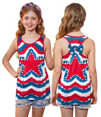 Image of 4th of July Girls Flag Tank Top Back Bow Sleeveless Patriotic Holidays T-Shirt 4-14 Years