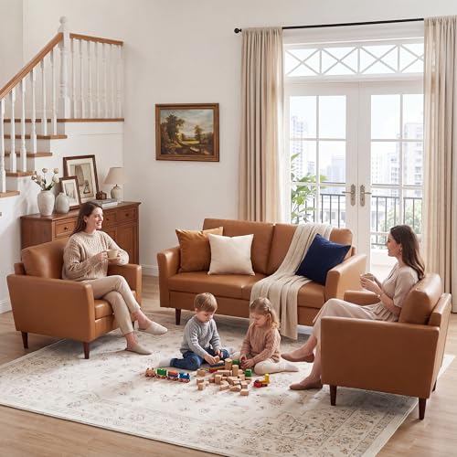 Image of Kingfun 3 Piece Living Room Furniture Sets, Loveseat and 2 Armchair, Faux Leather Couch Set, Mid Century Modern Sofa Set with Solid Wood Frame for Living Room, Office, Mid Brown