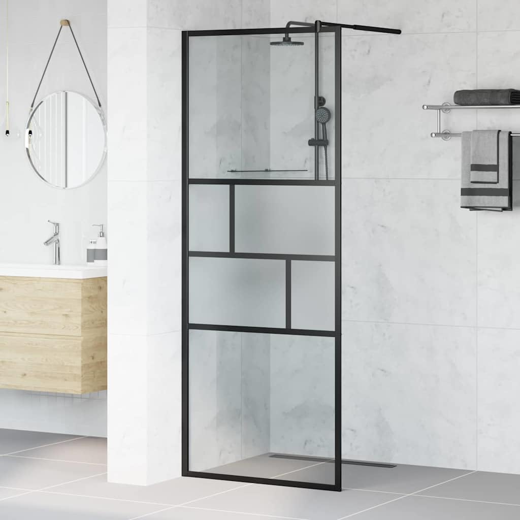 Parete Doccia Walk-in Nero in Vetro e Alluminio 80x195x0,5 cm Vetro Satinato con Area Trasparente per Vasca da Bagno, Paraspruzzi e Rinnovo Bagno Senza Barriere