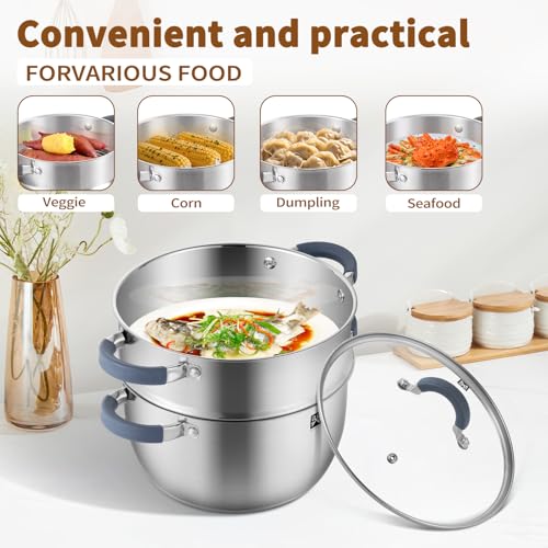 GOLDEN KEY 5.6 QT Steamer Pot with Lid,2-Tier Multipurpose 18/8 Steamer for Cooking with Vegetable Steam Basket for Vegetable,Soup, Seafood,Dumplings,Oven & Dishwasher Safe by GOLDEN KEY - Used condition - Image 4