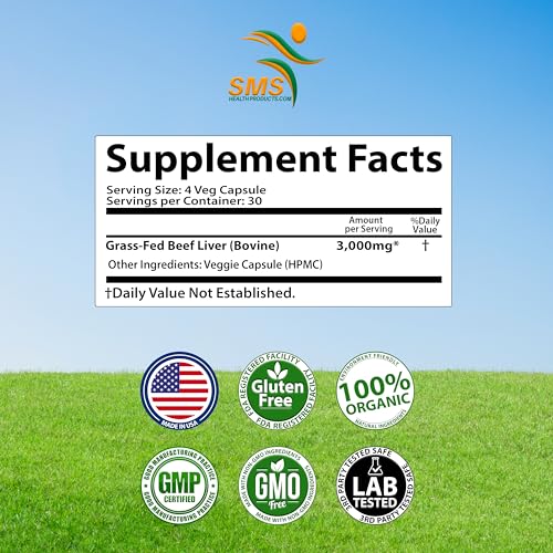 SMSHEALTHPRODUCTS.com Grass Fed Desiccated Beef Liver Capsules (120 Pills, 750mg Each) - Natural Iron, Vitamin A, B12 for Energy - Humanely Pasture Raised Undefatted Without Hormones or Chemicals - Thumbnail 4