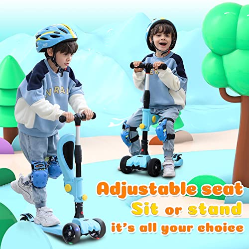 3 Wheel Kids Kick Scooter, 2 In 1 Toddler Scooter For Kids Ages 3-5, Foldable Mini Scooter With Adjustable Height, Removable Seat, Lighted Up Wheels And Anti-Slip Deck For Boys & Girls Aged 3-8,Blue #TOP5