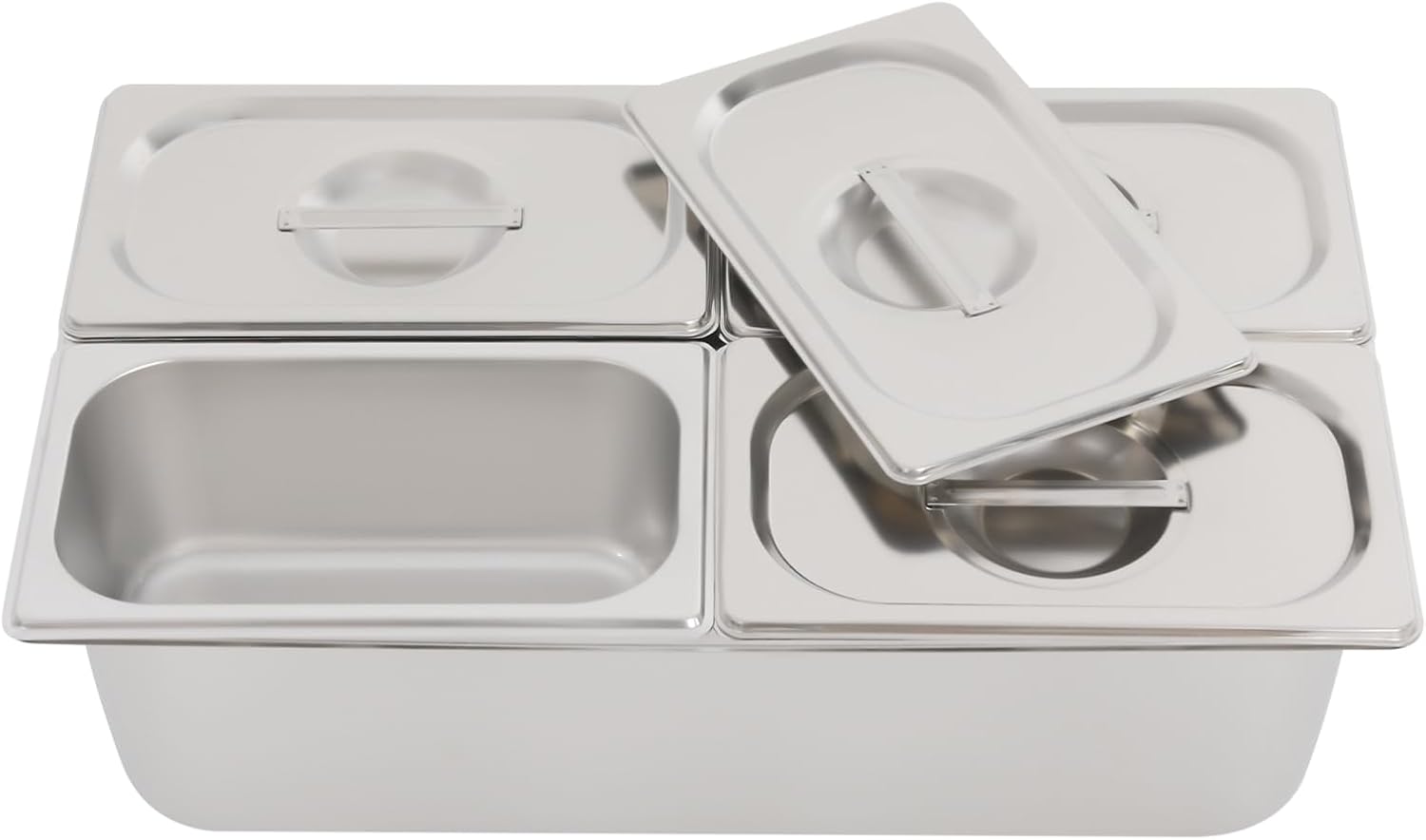 Eapmic Commercial Cold Food Buffet Server, Stainless Steel Fruit Storage & Display Set with 4 Pans, Countertop Food Serving Container with Clear Acrylic Lids (4 Pan)
