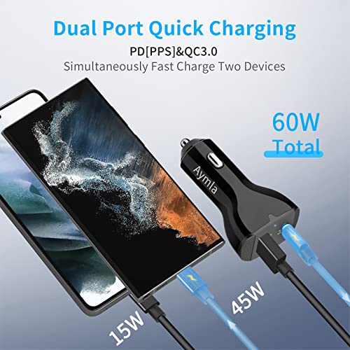 Usb C Super Fast Charging Car Charger, Aymla 60W/45W/25W/15W Pd[Pps] & Qc3.0 Adaptive Adapter For Samsung Galaxy S23 Ultra/Plus/S22/S21, Note 20/10, Google Pixel, Macbook, Ipad Pro - 6Ft Type-C Cord #TOP2