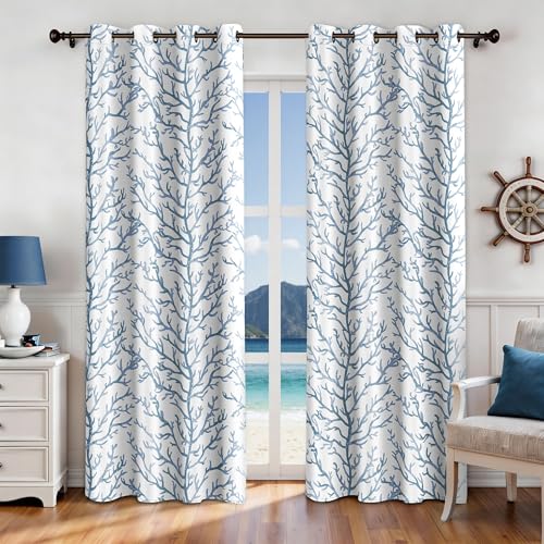 weesire Nautical Coastal Curtains Decorative Beach Ocean Coral 50% Light Blocking Sea Darkening Grommet Curtain for Villa Living Room Bedroom Light Blue and White 2 Panels Set 52x84 Inches