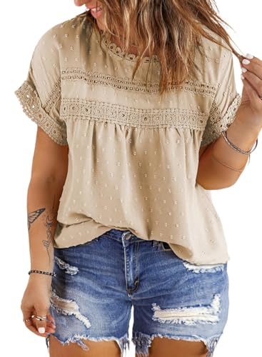 Eytino Women Plus Size Tops Crewneck Short Sleeve Lace Crochet Loose Casual Summer Blouses Shirts(1X-5X)