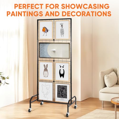 CAROD 2\' x 5.5\' Grid Wall Panels Display Stand, Mobile Floorstanding Wall Grid Display Stand, Double Side Retail Display, Display Gridwall Panels for Home Organization, Art Shows, Trade Show - Thumbnail 5