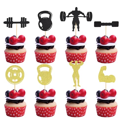 Arthsdite 24Pcs Gym Workout Cupcake Toppers Glitter Biceps Dumbbells Kettlebells Abodominal Stay Strong Bodybuilding Cupcake Picks Fitness Themed Birthday Party Cake Decorations Supplies