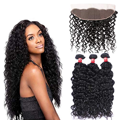Haha Brazilian Water Wave 3 Bundles With Frontal Closure 8A Unprocessed Human Virgin Hair Bundles With Lace Frontal 13X4 Ear To Ear Wet and Wavy Human Hair Natural Color 24 26 28+22 Free Part