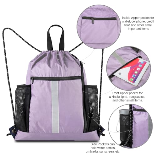 Image of BeeGreen Lilac Drawstring Backpack Bag Gym Sports Backpack with Shoe Compartment and Two Water Bottle Holder for Women Men Large String Athletic Sackpack Workbag