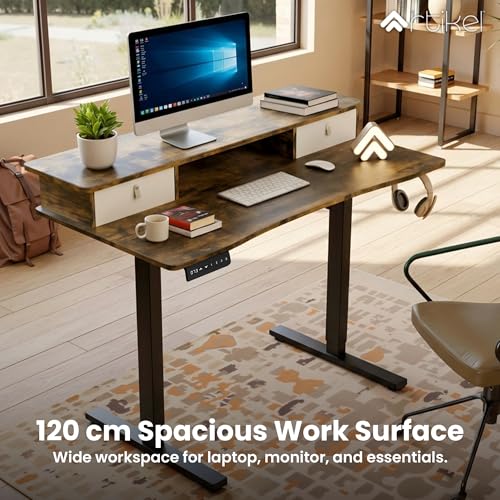 Image of ARTIKEL Valor Lite Electric Height Adjustable Standing Desk with Storage Drawers & Shelves| Sit-Stand Desk for Home Office |Ergonomic Workspace Table|120x60cm|Rustic Brown
